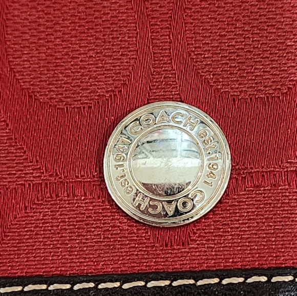 Coach Jacquard print and leather trimmed long snap wallet, red and brown, EUC - Picture 2 of 7